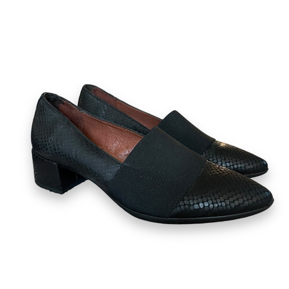 Hispanitas Black Leather Snakeskin Animal Print Slip-On Pointed Pump Heel 6.5-7